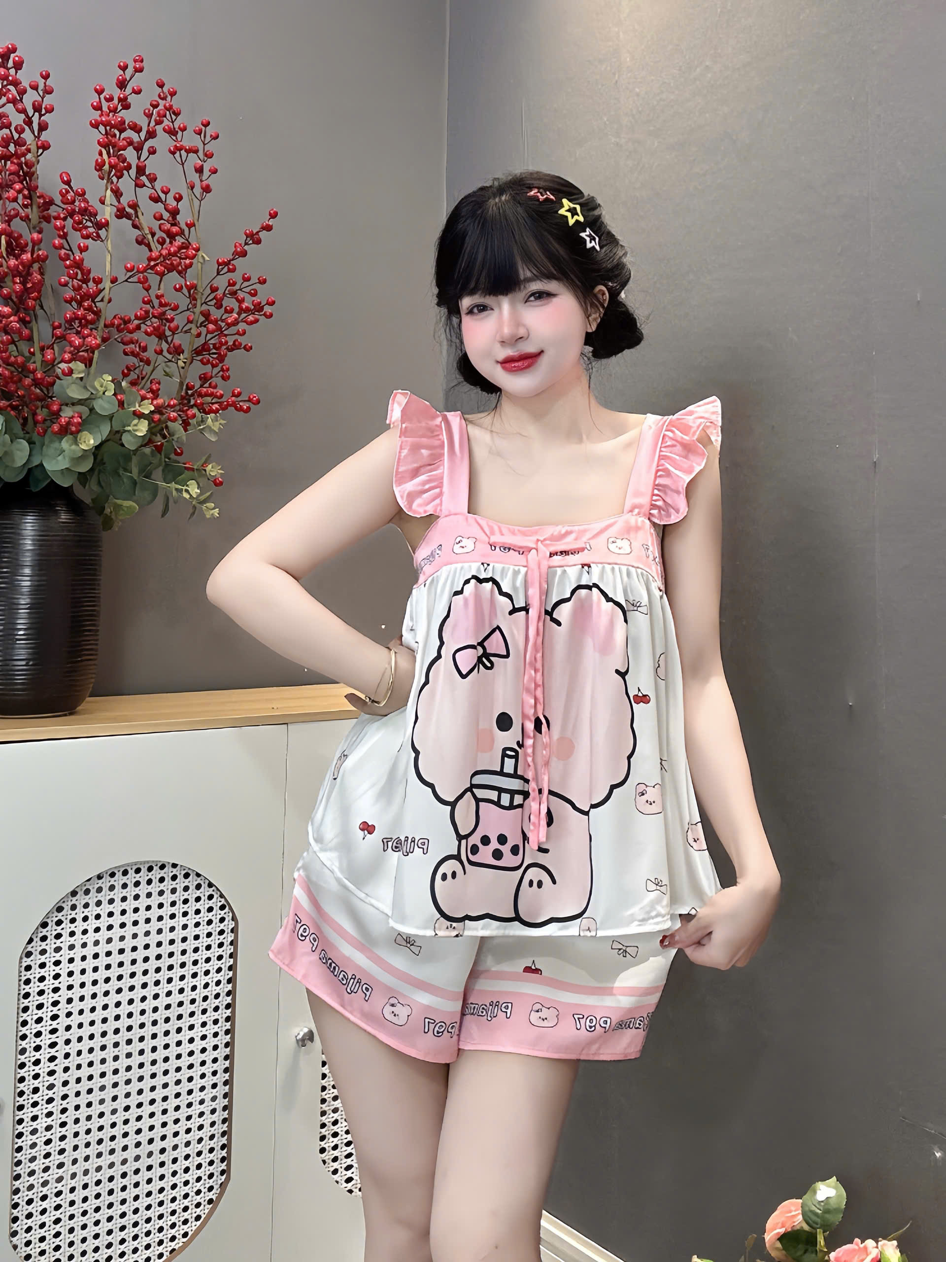 Đồ bộ đùi hai dây cánh tiên lụa latin size dưới 60kg
