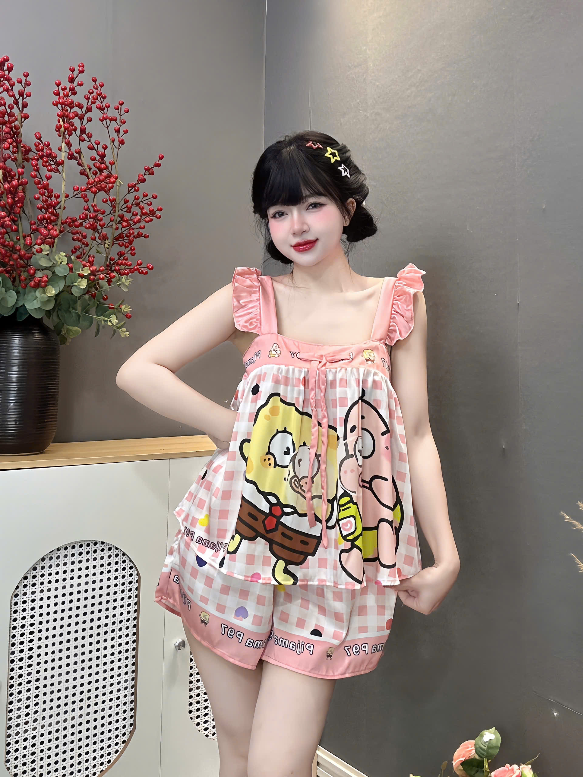 Đồ bộ đùi hai dây cánh tiên lụa latin size dưới 60kg