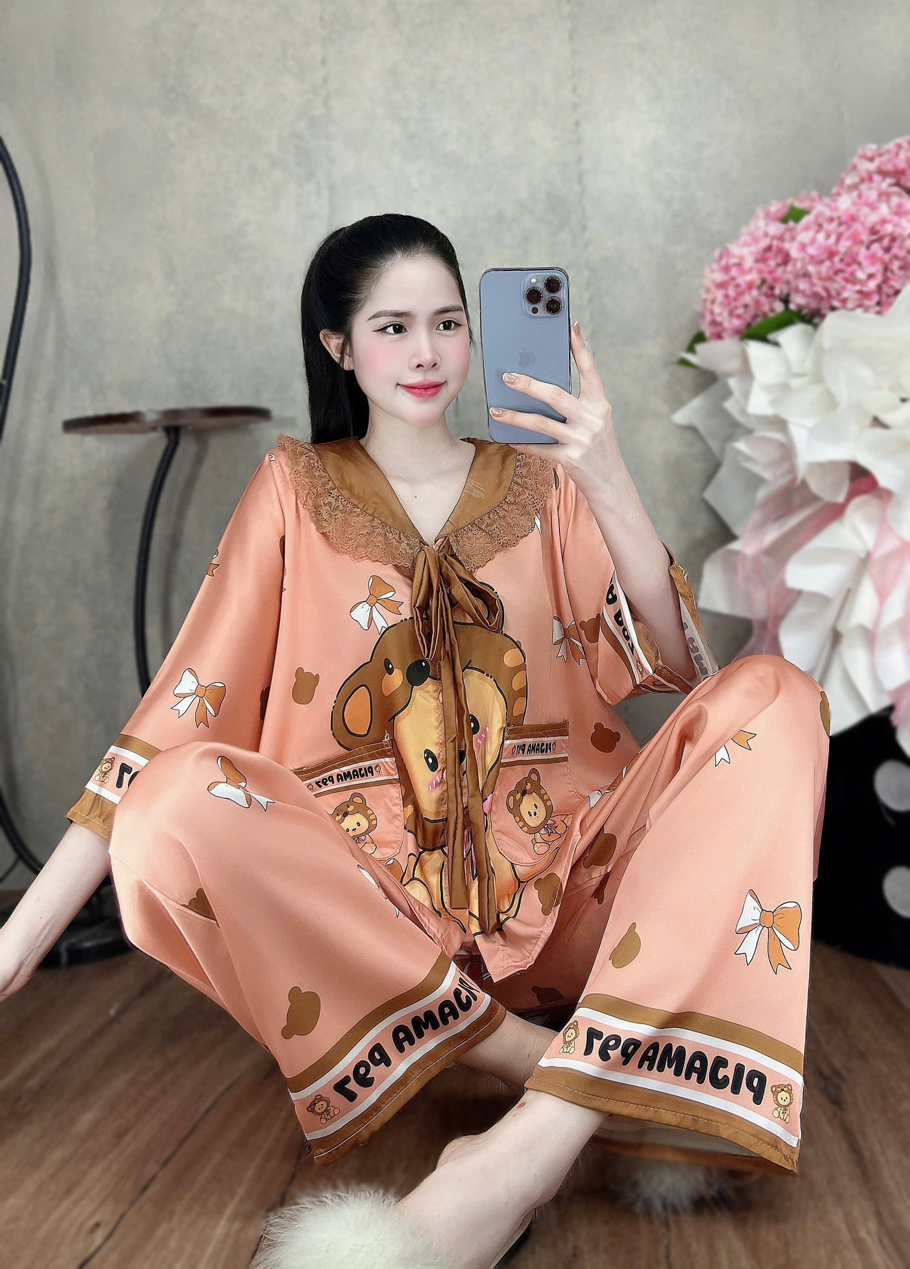 Đồ bộ tay lững phối ren lụa latin size dưới 60kg