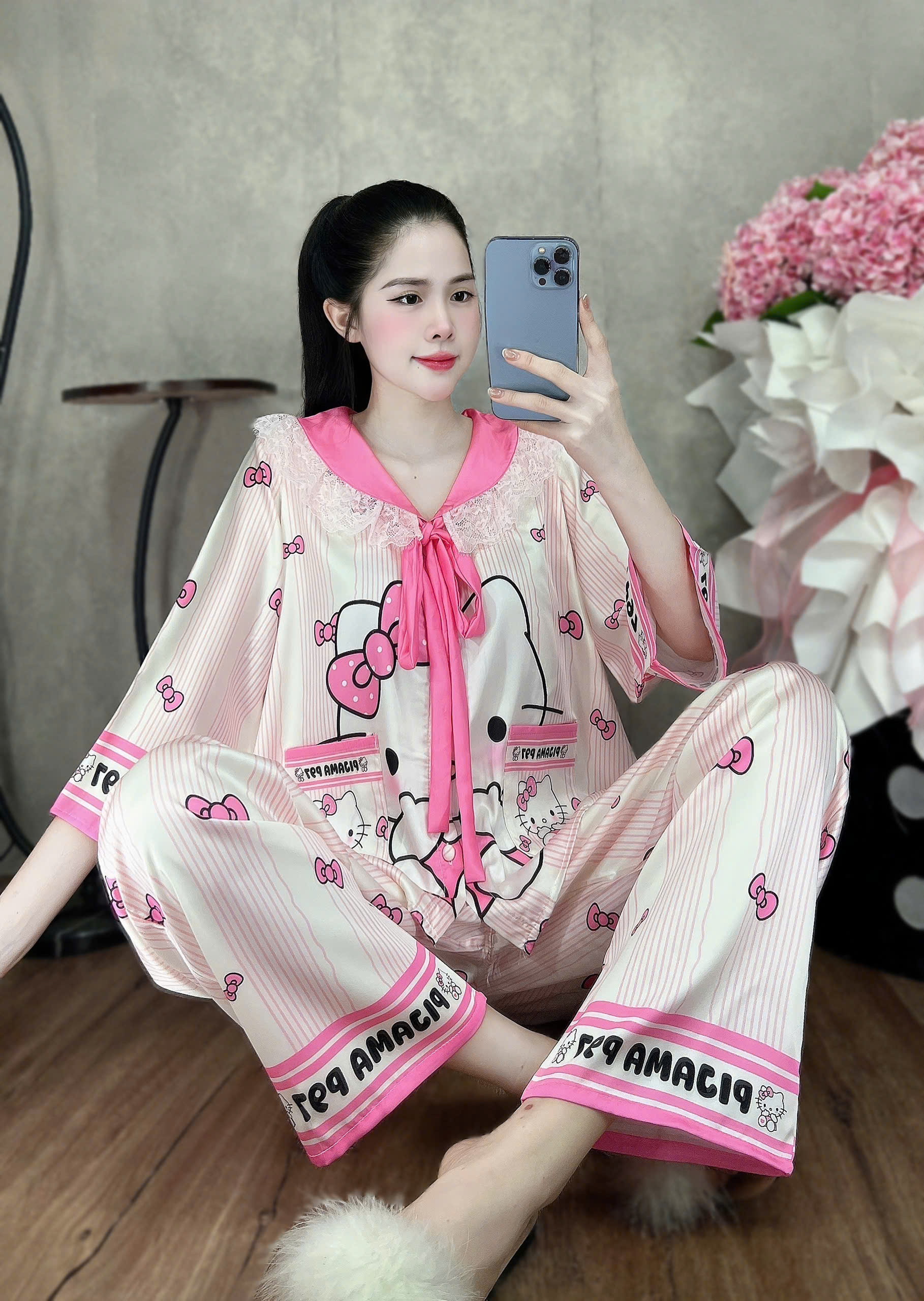 Đồ bộ tay lững phối ren lụa latin size dưới 60kg