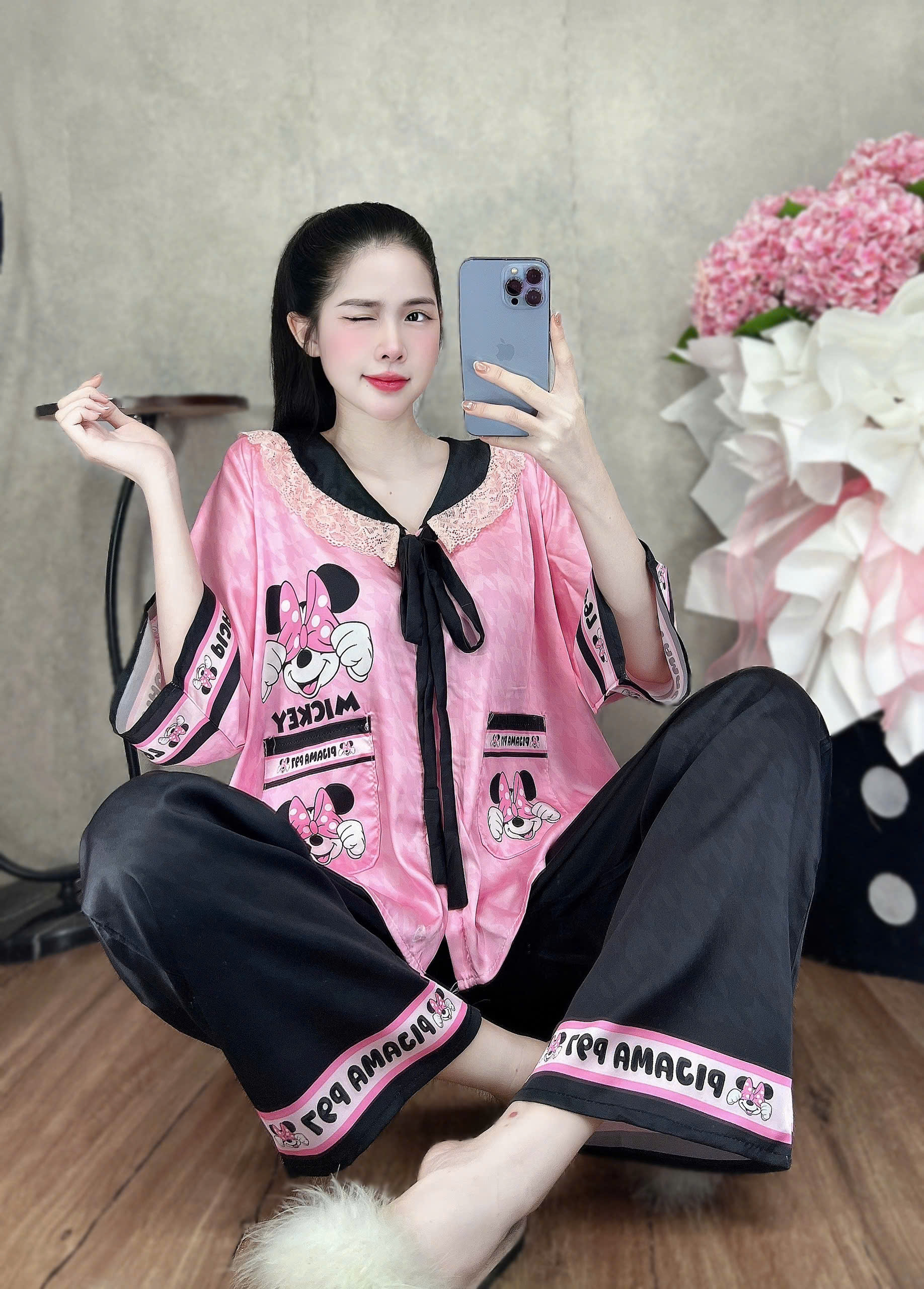 Đồ bộ tay lững phối ren lụa latin size dưới 60kg