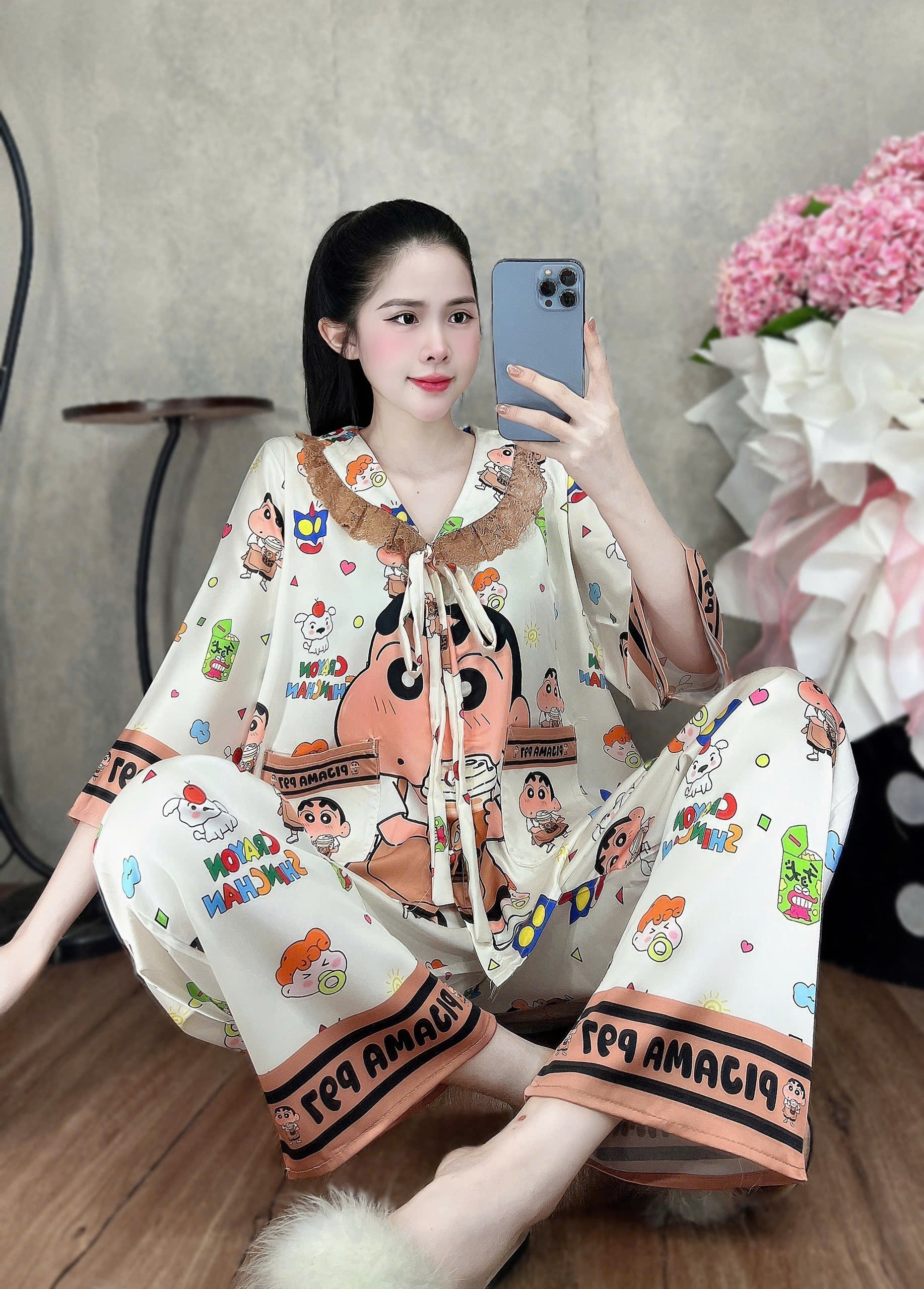 Đồ bộ tay lững phối ren lụa latin size dưới 60kg