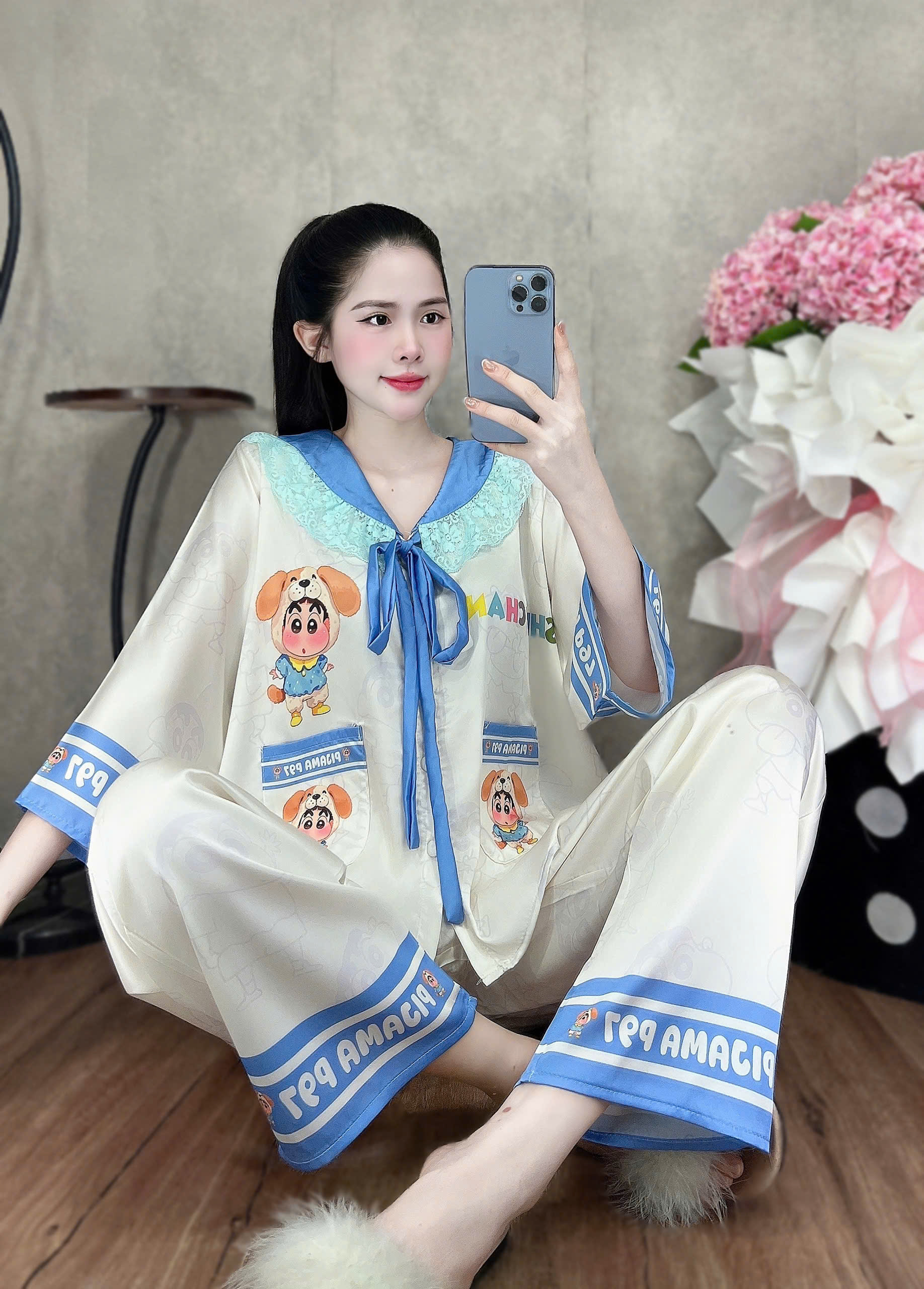 Đồ bộ tay lững phối ren lụa latin size dưới 60kg