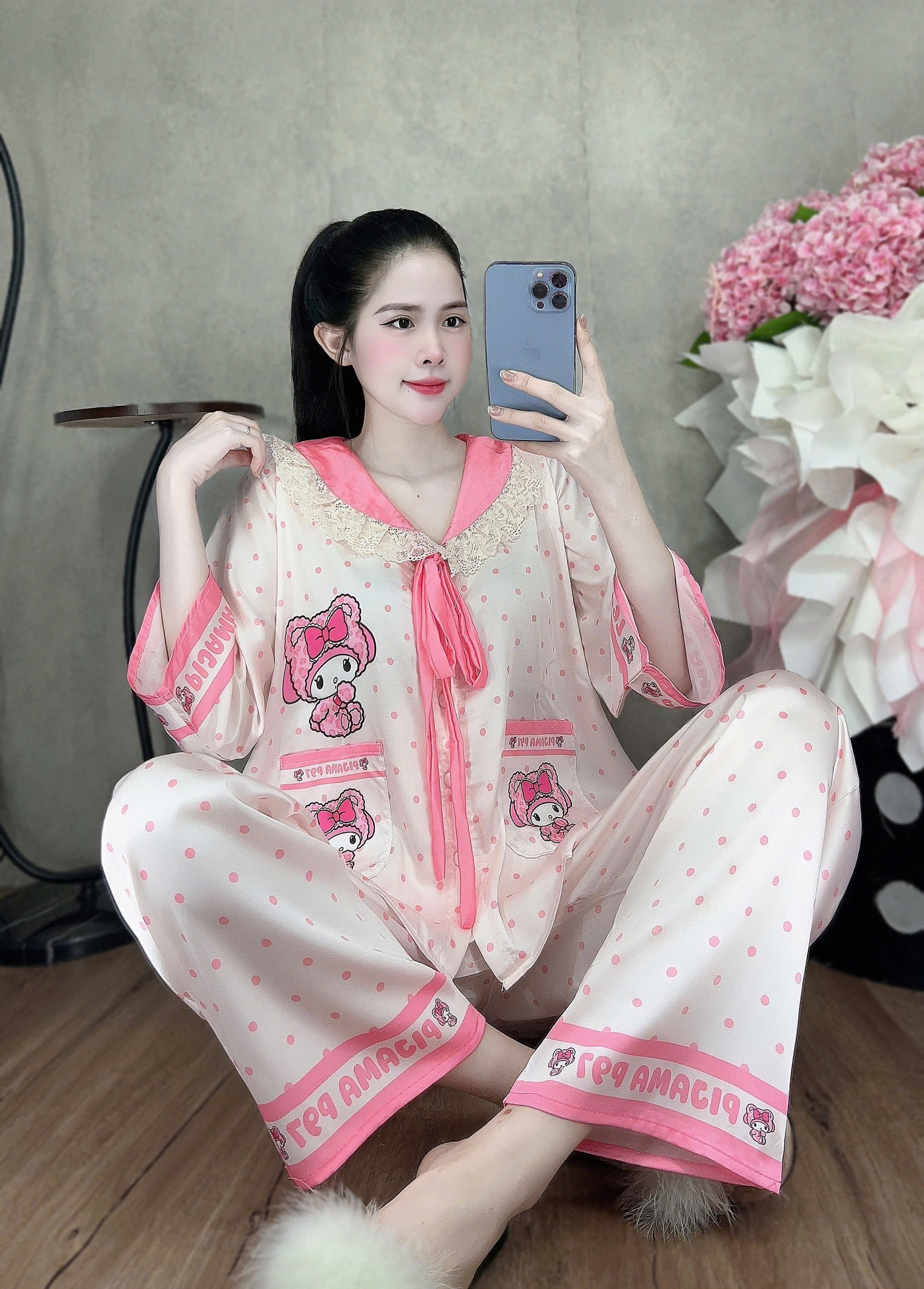 Đồ bộ tay lững phối ren lụa latin size dưới 60kg
