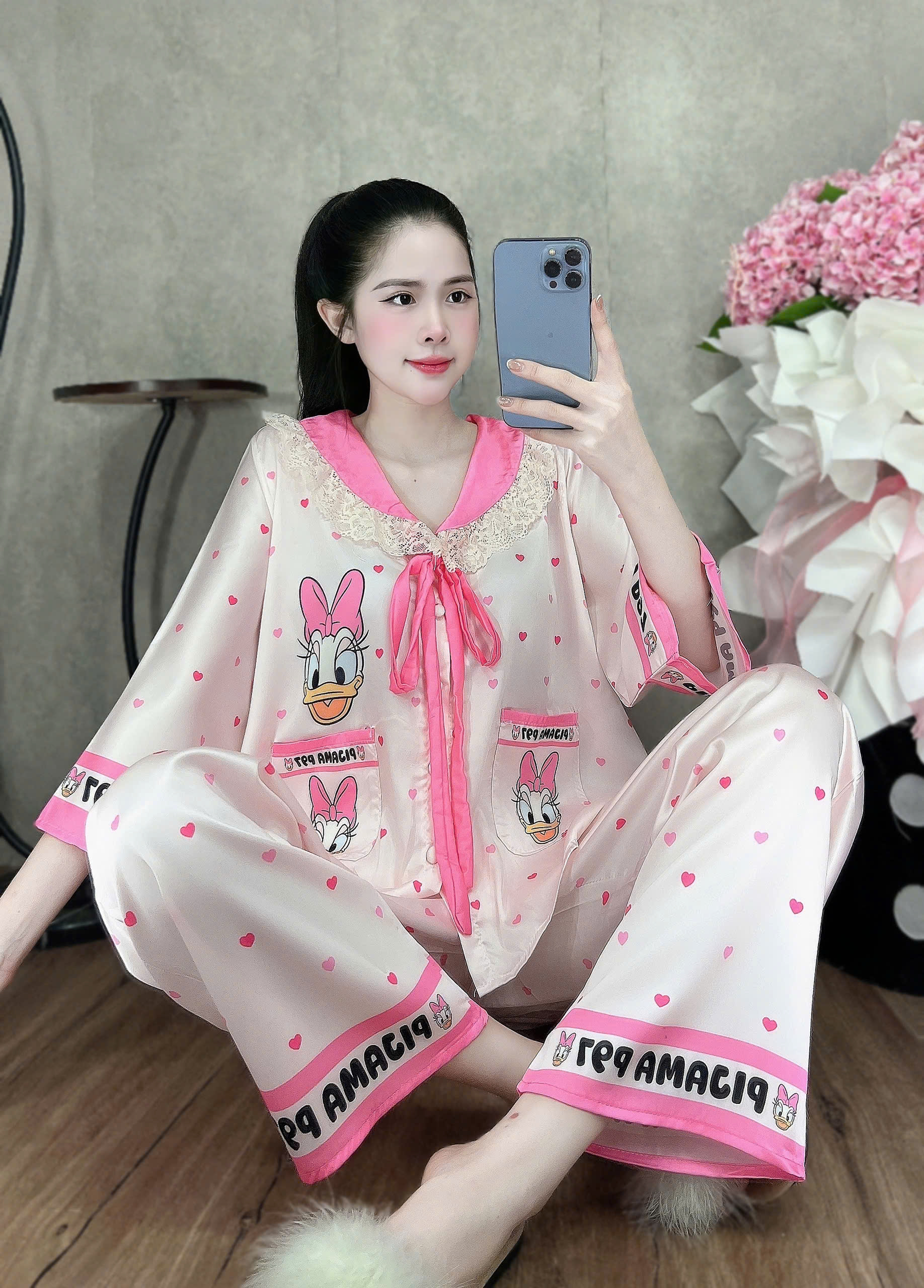 Đồ bộ tay lững phối ren lụa latin size dưới 60kg
