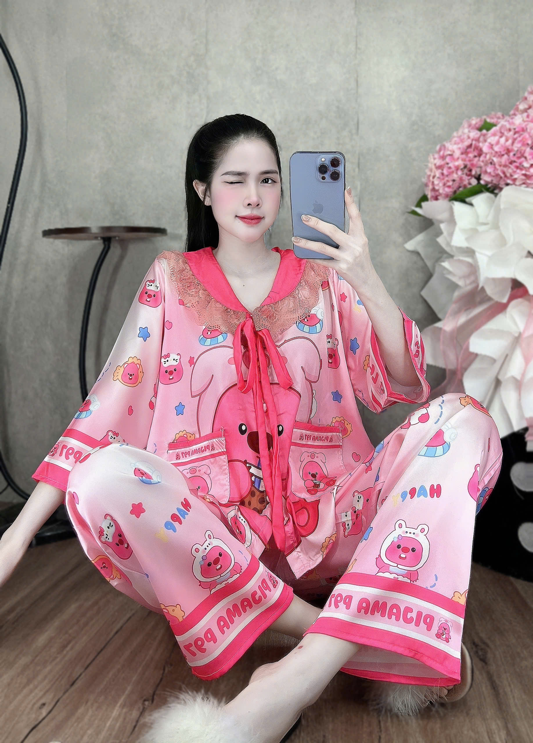 Đồ bộ tay lững phối ren lụa latin size dưới 60kg