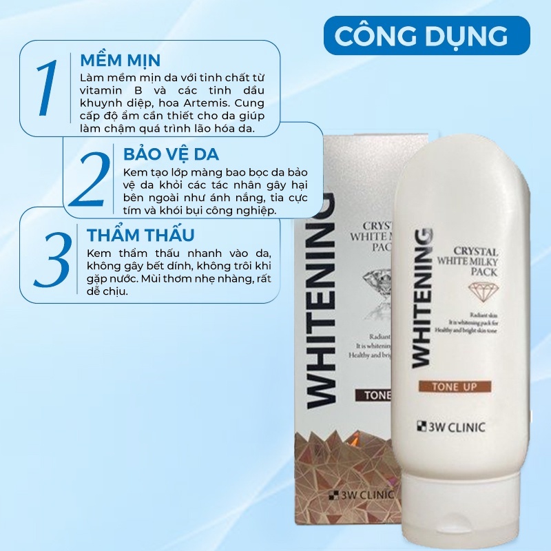 Kem Dưỡng 3W Clinic Crystal White Milky Pack 200gr