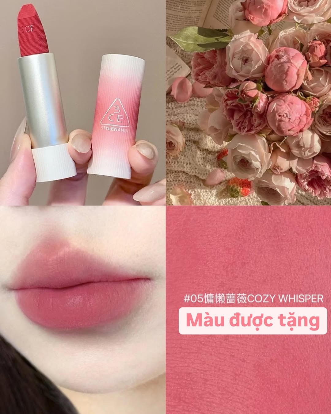 3CE Set son thỏi Cashmere 08 Hush Red (Tặng mini #05)