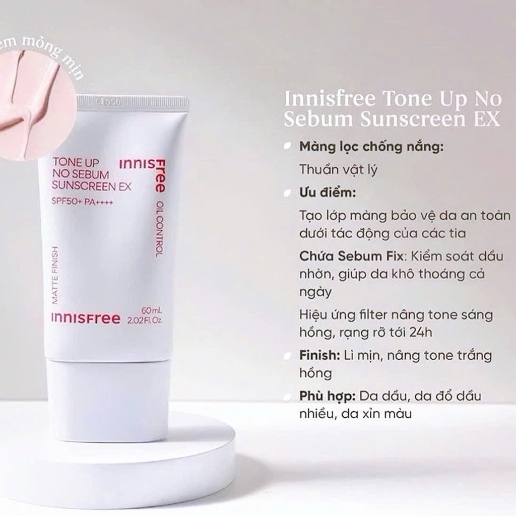 Kem Chống Nắng Innisfree Tone Up No Sebum Sunscreen EX Nâng Tone Kiềm Dầu 60ml (mẫu mới)