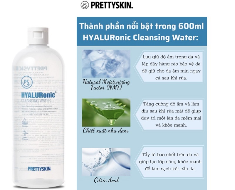 Tẩy Trang PrettySkin Hyaluronic Cleansing Water 600ml