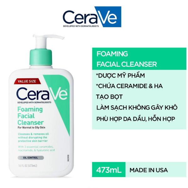 Sữa rửa mặt CeraVe Foaming Facial Cleanser Dành Cho Da Dầu, Hỗn Hợp - 473ml
