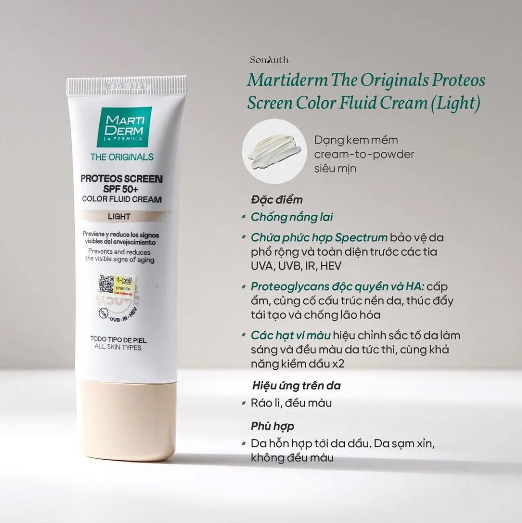 Kem Chống Nắng Martiderm Nâng Tone Da Proteos Screen SPF 50+ Color Fluid Cream Light 40ml