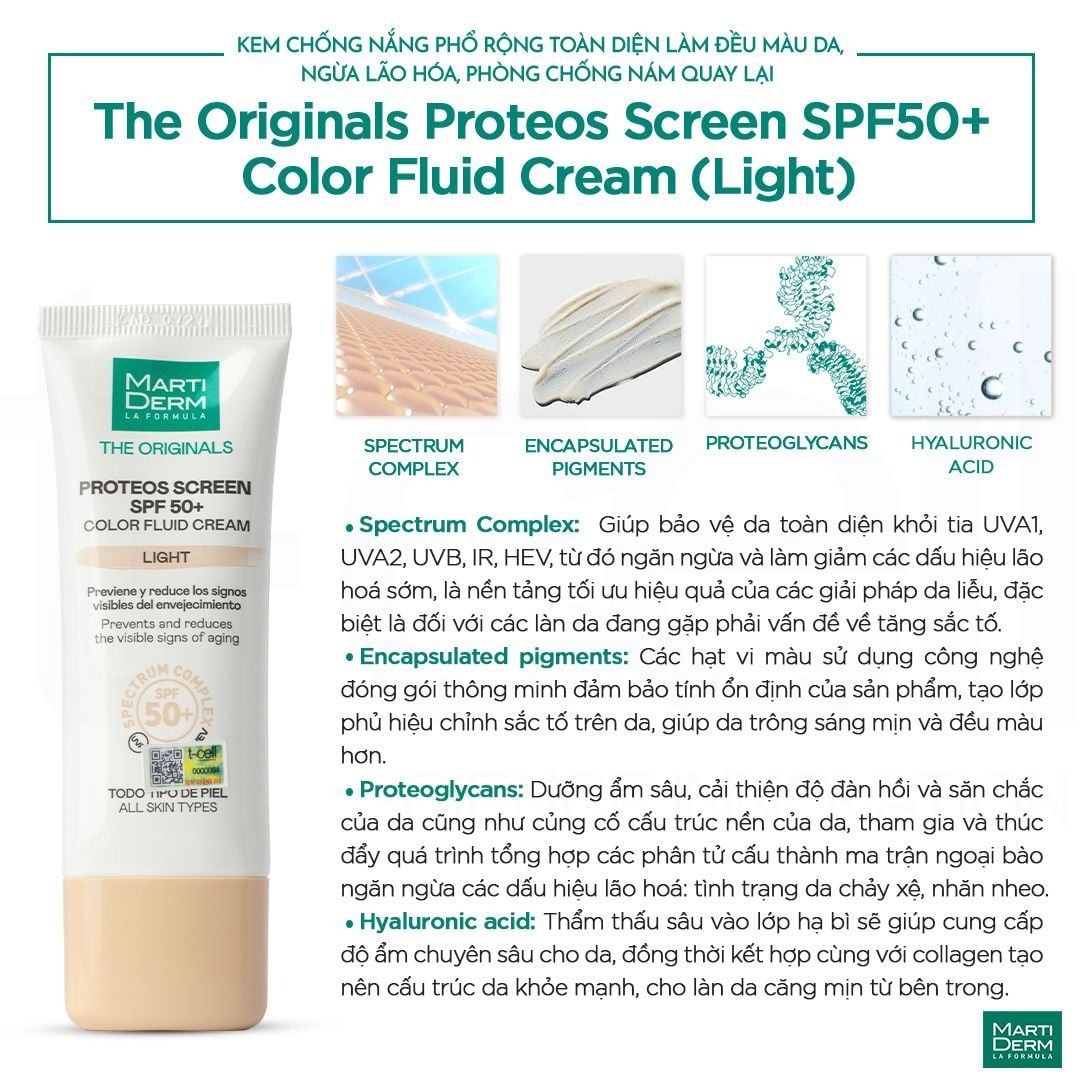 Kem Chống Nắng Martiderm Nâng Tone Da Proteos Screen SPF 50+ Color Fluid Cream Light 40ml