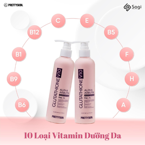 Kem Dưỡng Thể Trắng Da Ban Ngày Pretty Skin Body Glutathione V10 Alpha Arbutin 250ml