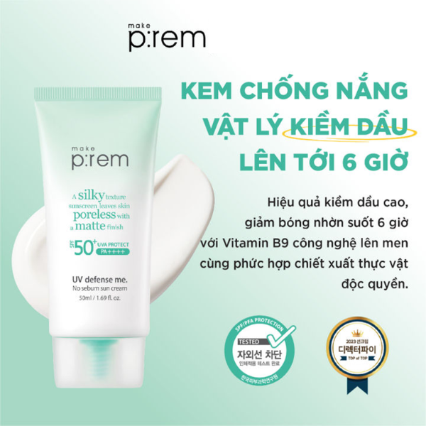 Kem Chống Nắng Nâng Tone, Kiềm Dầu Make P:rem UV Defense Me No Sebum 50ml