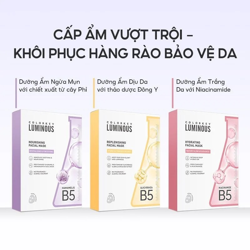 Mặt Nạ Colorkey Dưỡng Ẩm B5 Làm Dịu da Ngừa mụn Sáng da Luminous B5 Facial Mask - HỘP 10 MIẾNG