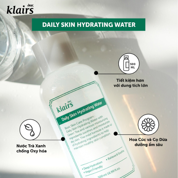 Toner Cấp Nước Dưỡng Ẩm Klairs Daily Skin Hydrating Water 500ml