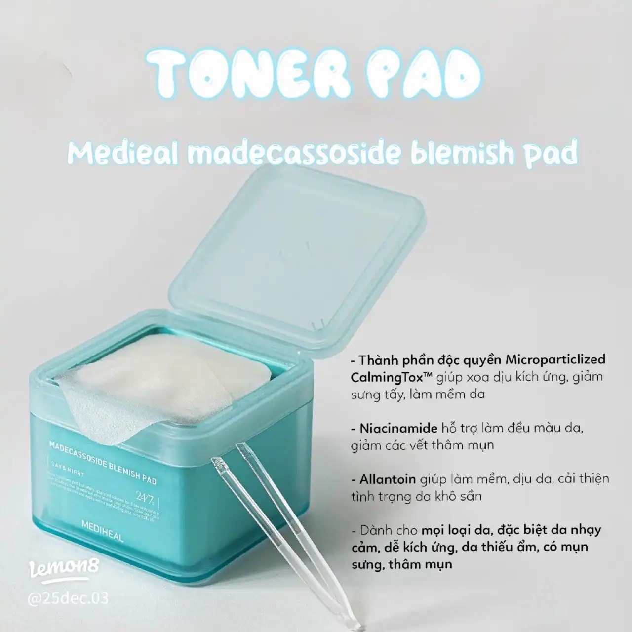 Toner Pad Hỗ Trợ Làm Dịu, Phục Hồi Làn Da Mụn Mediheal Madecassoside Blemish Pad 100 miếng (Xanh ngọc)
