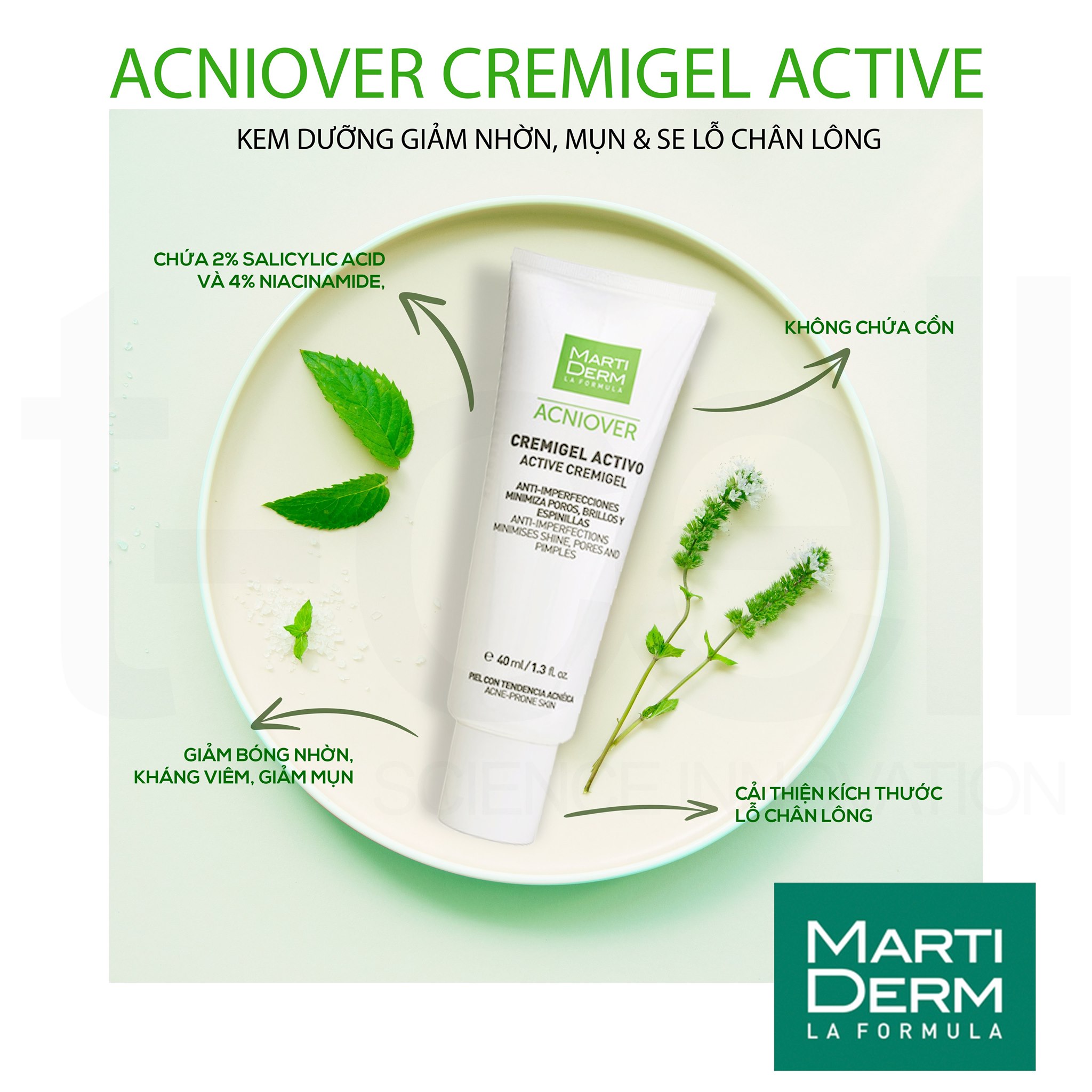 Kem dưỡng giảm nhờn, mụn & se lỗ chân lông Martiderm Acniover Active  Cremigel - 40ml | Skin20