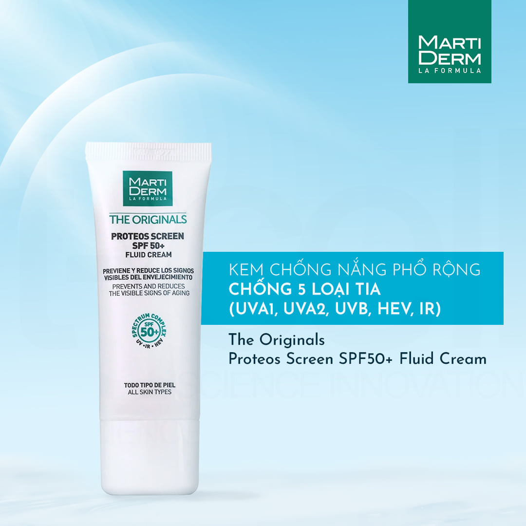 Kem chống nắng phổ rộng ngừa lão hóa, phòng chống nám quay lại MartiDerm The Originals Proteos Screen SPF50+ Fluid Cream - 40ml