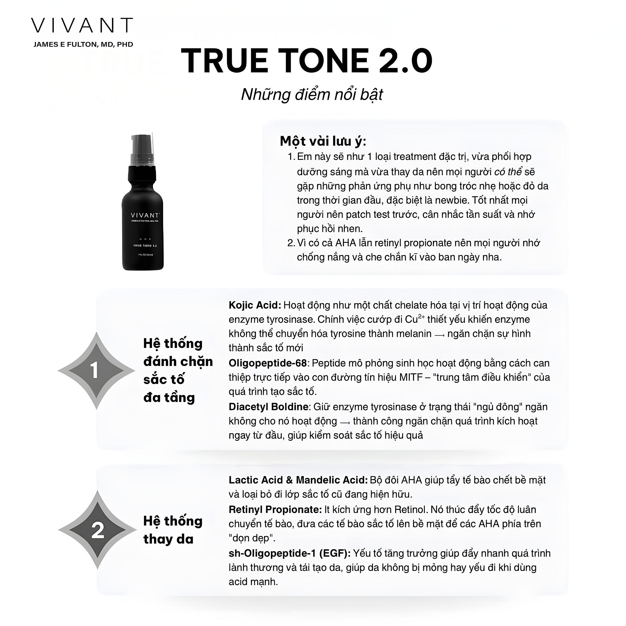 Tinh chất giảm nám, tàn nhang và cải thiện da sáng mịn Vivant Skincare True Tone 2.0 - 30ml