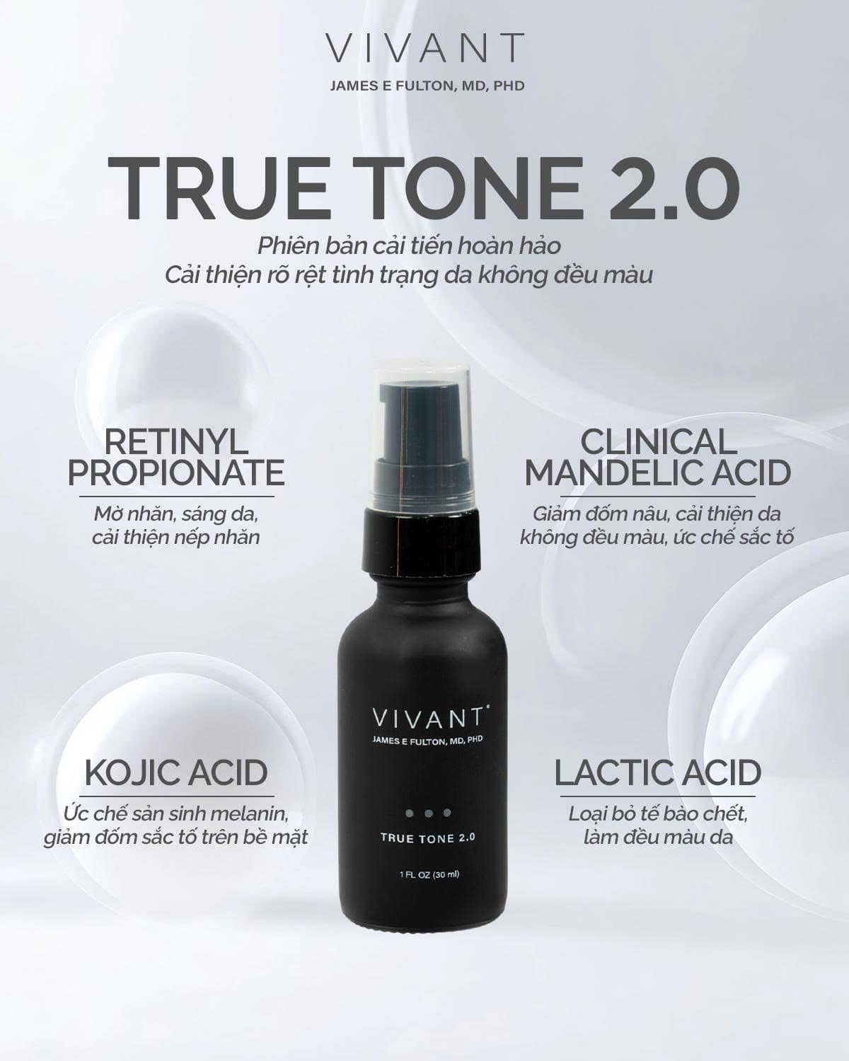 Tinh chất giảm nám, tàn nhang và cải thiện da sáng mịn Vivant Skincare True Tone 2.0 - 30ml