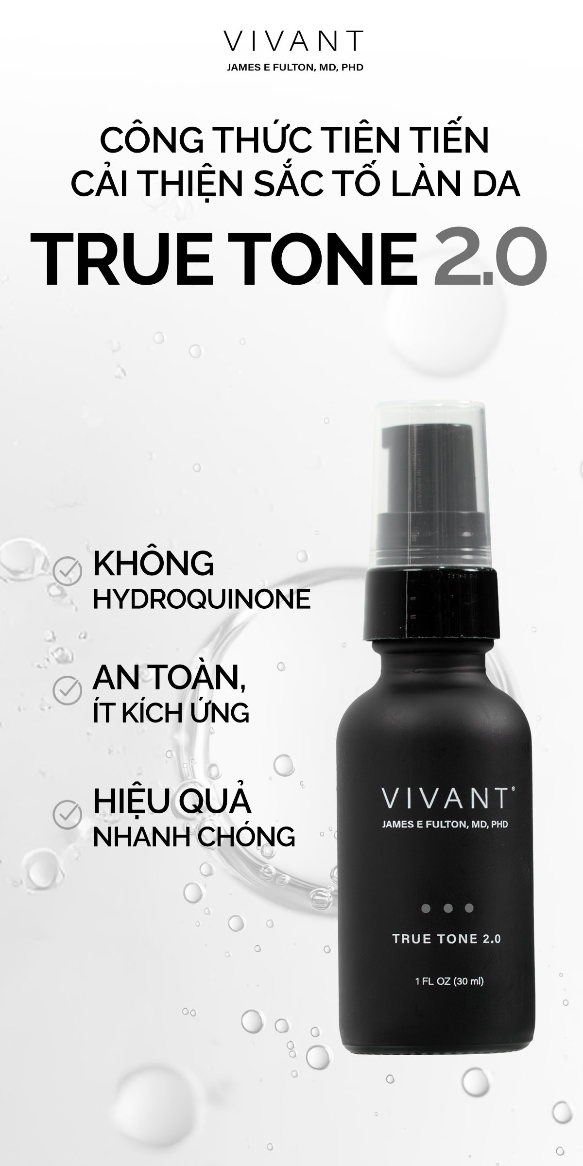Tinh chất giảm nám, tàn nhang và cải thiện da sáng mịn Vivant Skincare True Tone 2.0 - 30ml