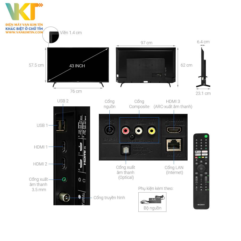 Google Tivi Sony 4K 43 inch KD-43X75K - Thông số kỹ thuật