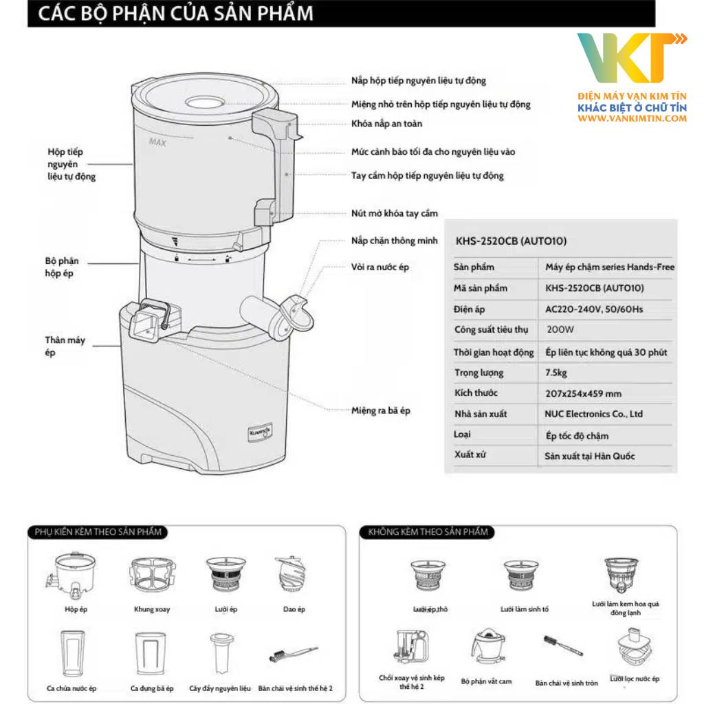 Máy ép trái cây tốc độ chậm Kuvings KHS-2520CB - Thông số kỹ thuật
