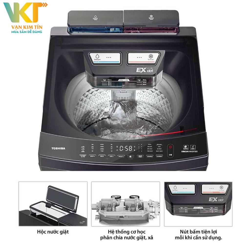 Máy giặt Toshiba Inverter 12 kg AW-DUM1300KV - Công nghệ Exdot lưu trữ, phân chia nước giặt/xả chỉ trong một nút bấm