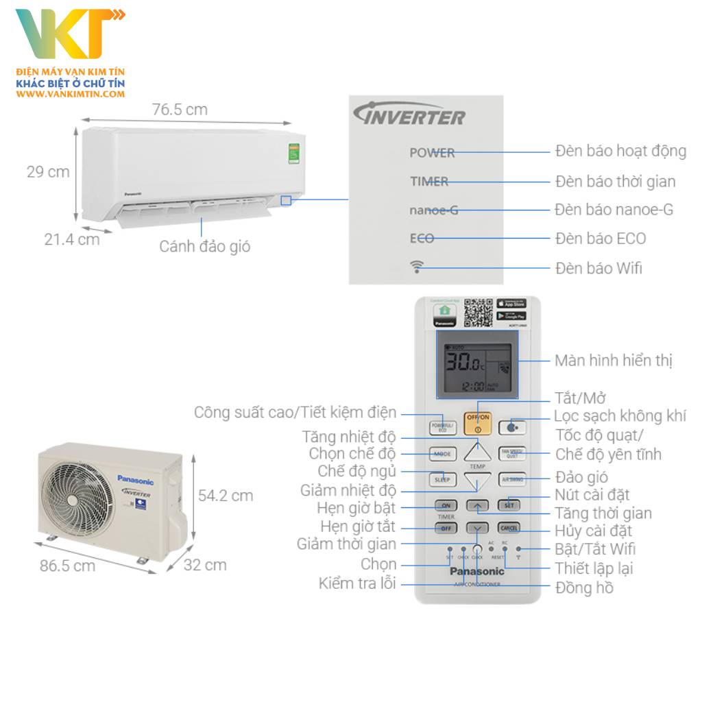 Máy lạnh Panasonic Inverter 1.5 HP CU/CS-PU12AKH-8 - Thông số kỹ thuật