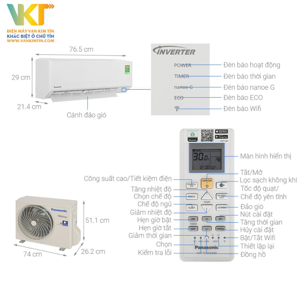 Máy lạnh Panasonic Inverter 1 HP CU/CS-PU9AKH-8 - Thông số kỹ thuật 