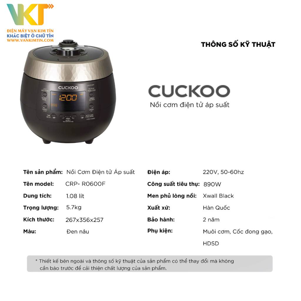 Nồi cơm áp suất điện tử Cuckoo 1.08 lít CRP-R0600F - Thông số kỹ thuật