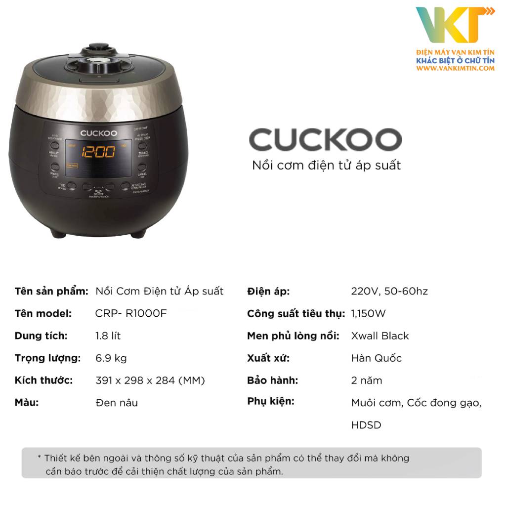 Nồi cơm điện tử cao tần áp suất Cuckoo 1.8 lít CRP-R1000F/BKGBCRVNCV - Thông số kỹ thuật
