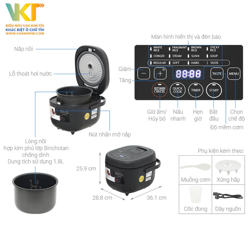 Nồi cơm điện tử Toshiba 1.8 lít RC-18DR4TVN(H) - Thông số kỹ thuật