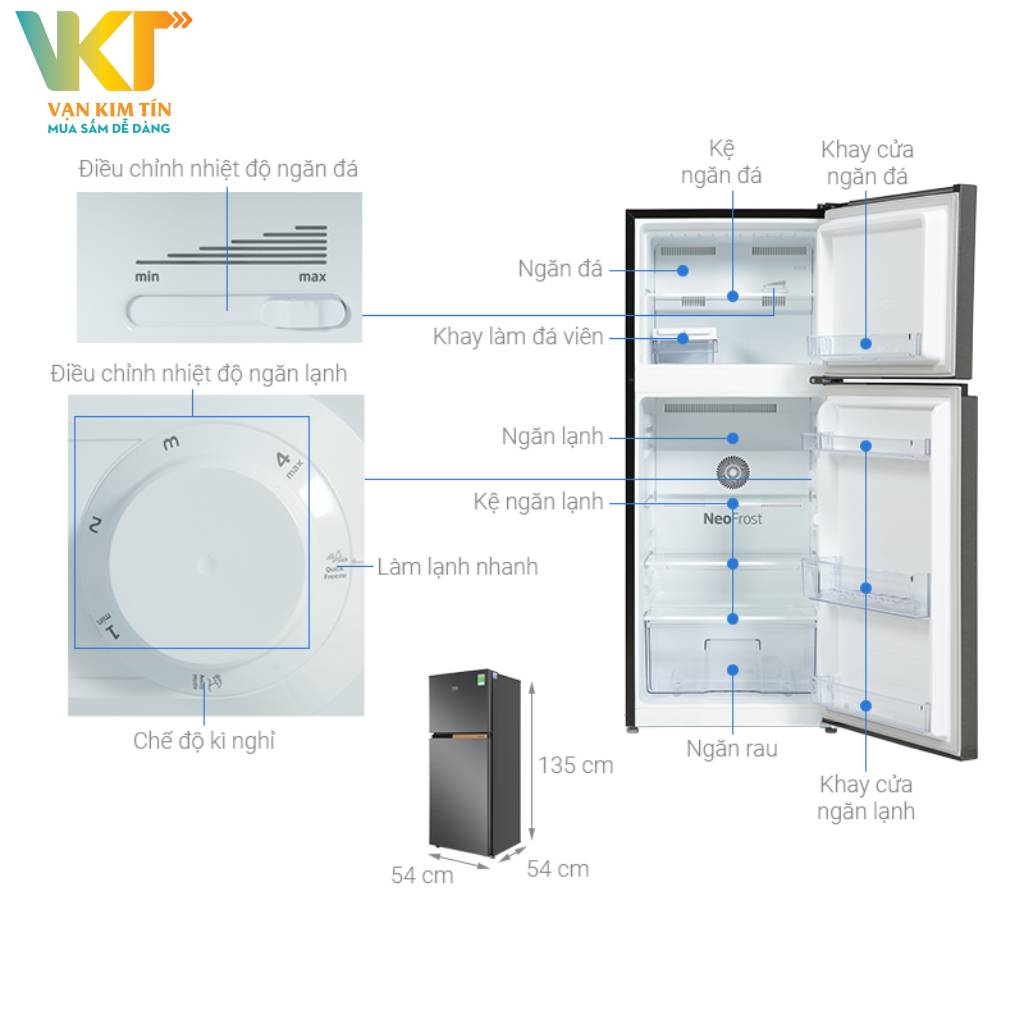 Tủ lạnh Beko Inverter 189 lít RDNT201I50VK - Thông số kỹ thuật