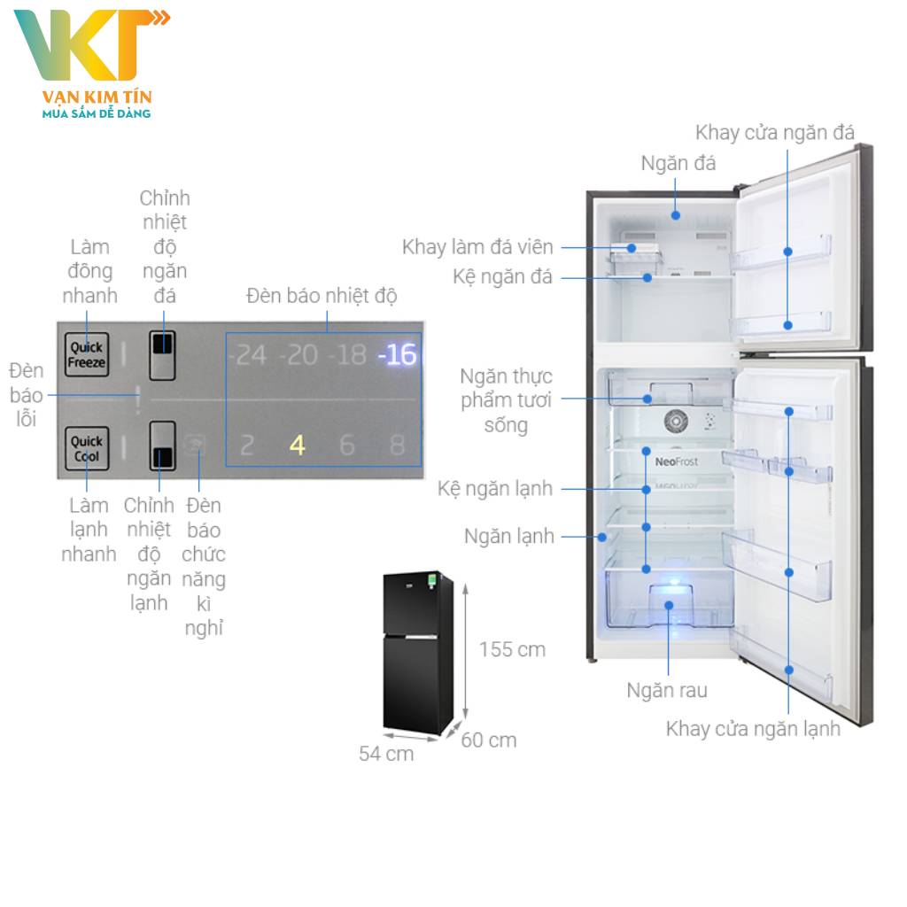 Tủ lạnh Beko Inverter 230 lít RDNT251I50VWB - Thông số kỹ thuật