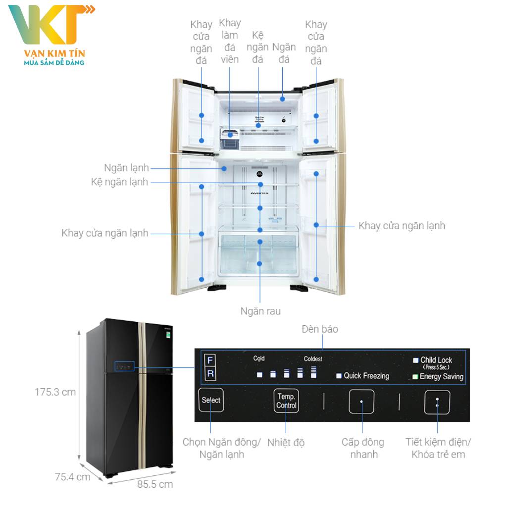 Tủ lạnh Hitachi Inverter 509 lít R-FW650PGV8 GBK - Thông số kỹ thuật