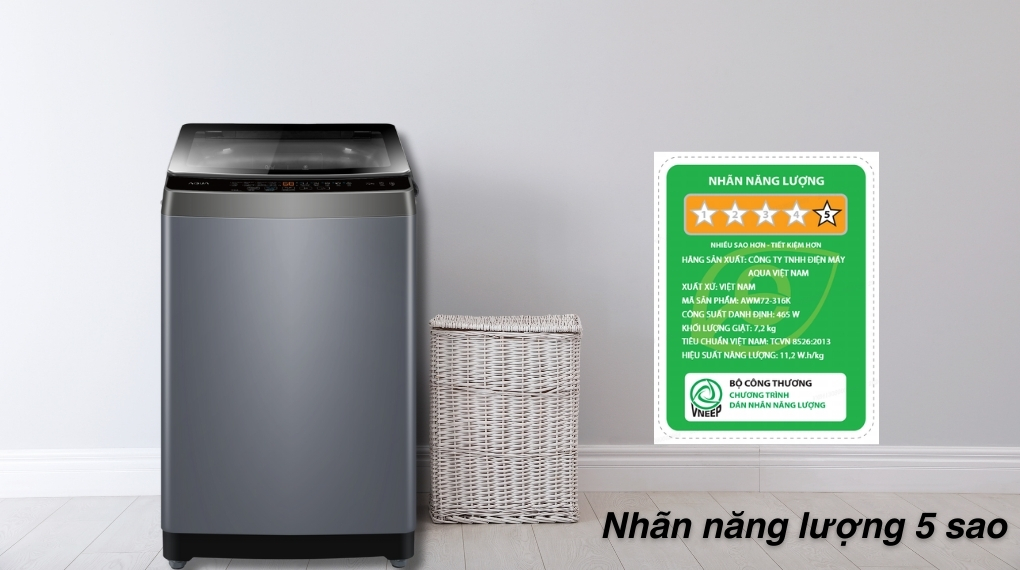 Máy giặt Aqua 7.2 kg AWM72-316K(S) Nhãn năng lượng 5 sao