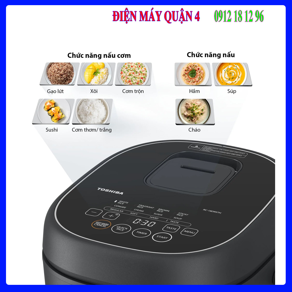 Nồi Cơm Điện Tử Toshiba 1.8 lít RC-18DR4TVN(H) 10 Chương Trình Nấu Đa Dạng