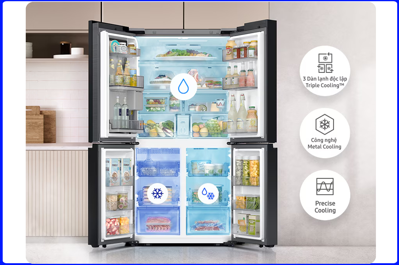 Tủ lạnh Samsung Inverter 636 Lít RF65DB990012SV - 3 Dàn lạnh độc lập Triple Cooling™