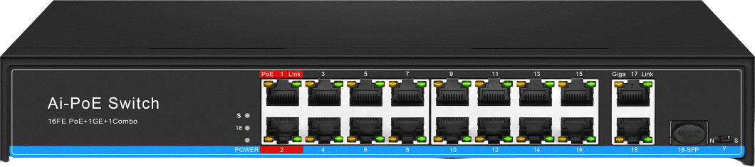 Thiết bị chuyển mạch POE 16 cổng, 16FE+2GE+1SFP POE 300W hiệu IVSS