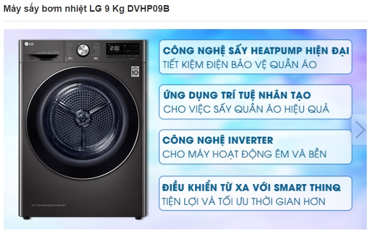Máy sấy bơm nhiệt LG 9 Kg DVHP09B Máy sấy bơm nhiệt LG 9 Kg DVHP09B