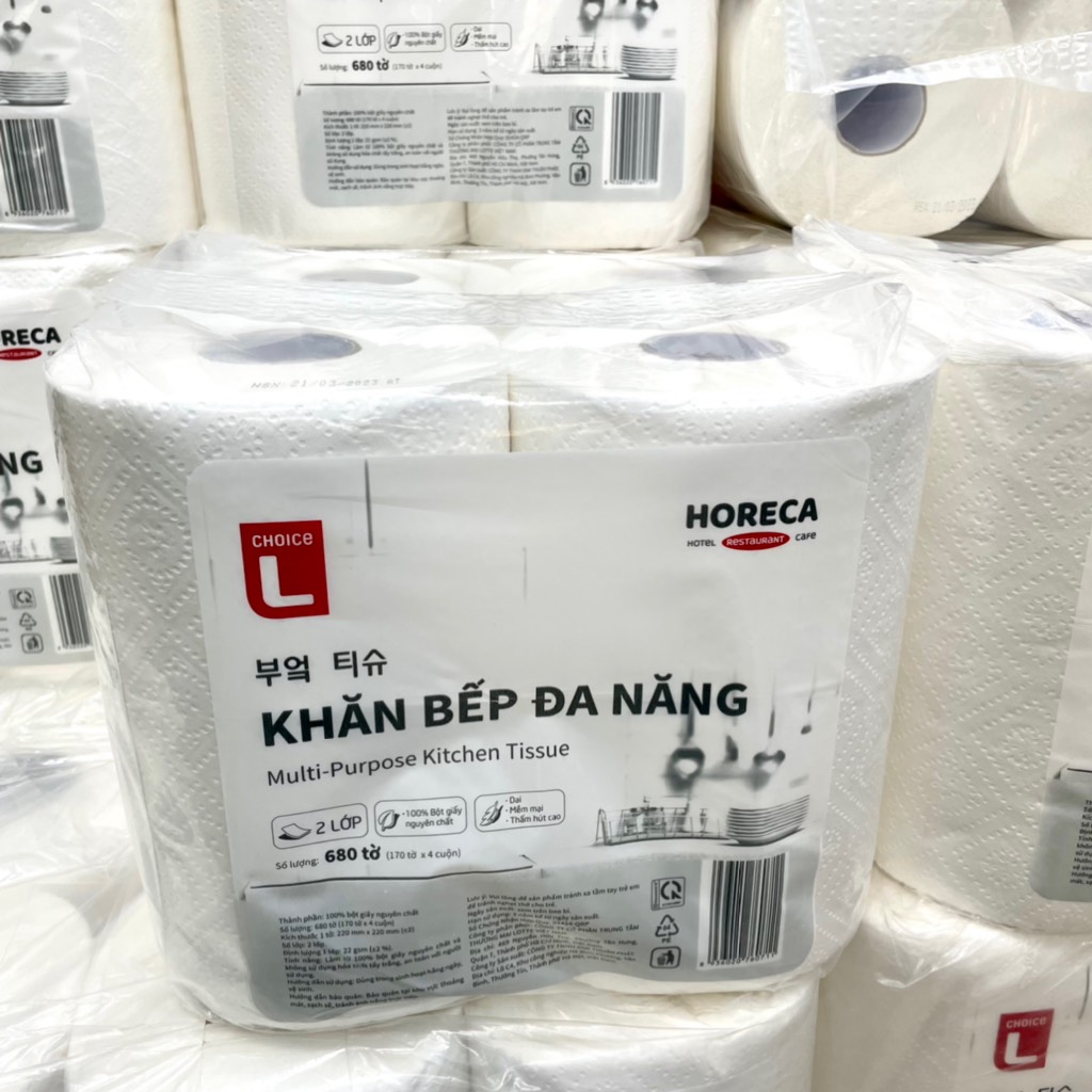 Lốc 4 Cuộn Khăn Bếp Đa Năng Lotte Choice L 2 Lớp 680 Tờ (170 Tờ/ Cuộn)