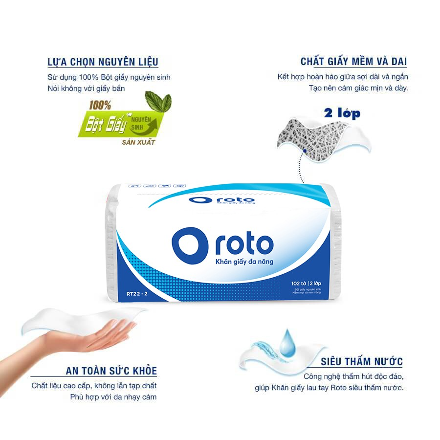 Khăn giấy rút đa năng cao cấp 2 lớp Roto22 I Gói 102 tờ I Xanh dương