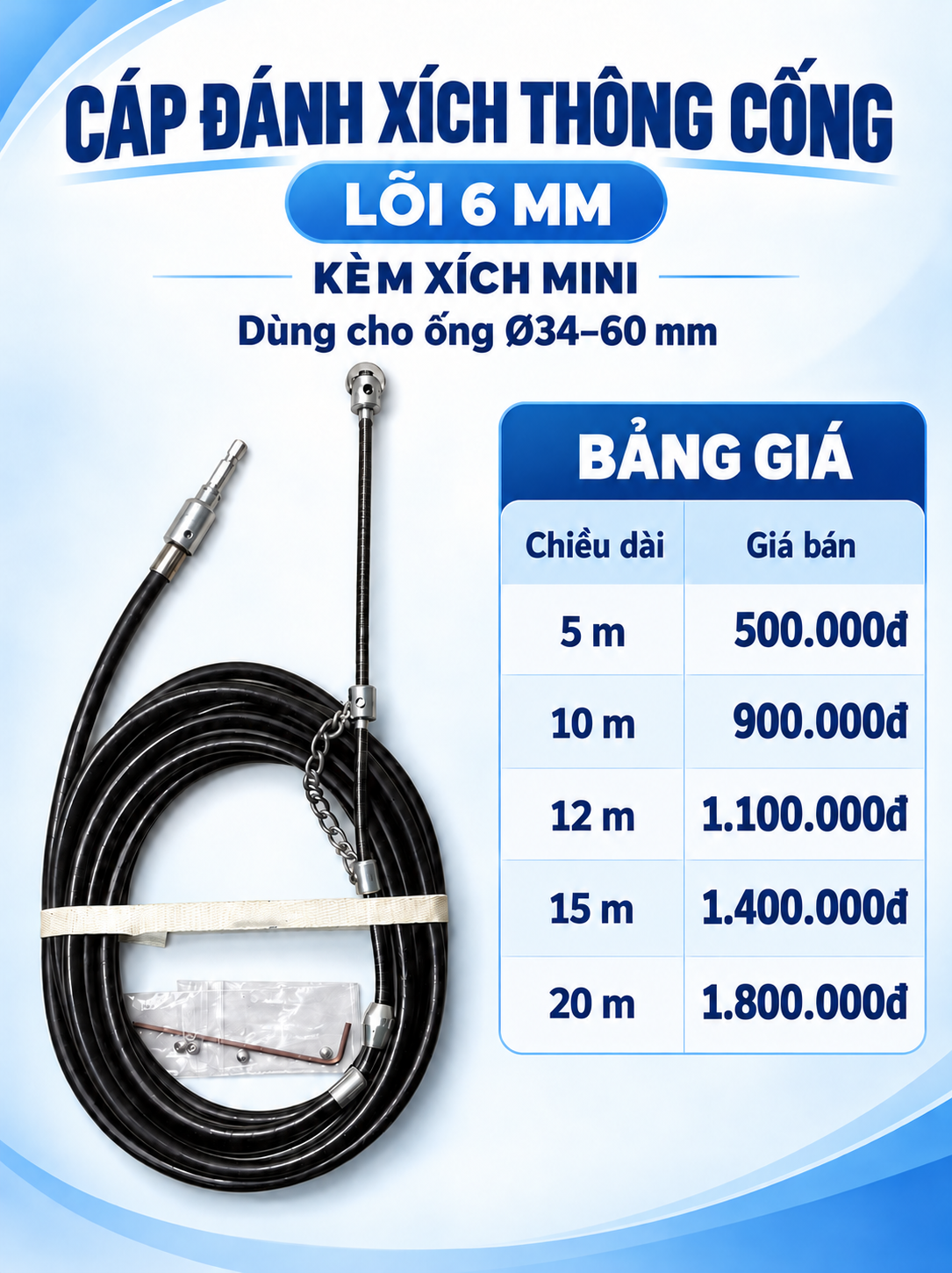 Cáp đánh xích lõi 6mm thông cống-Làm sạch đường ống thoát nước bằng máy khoan