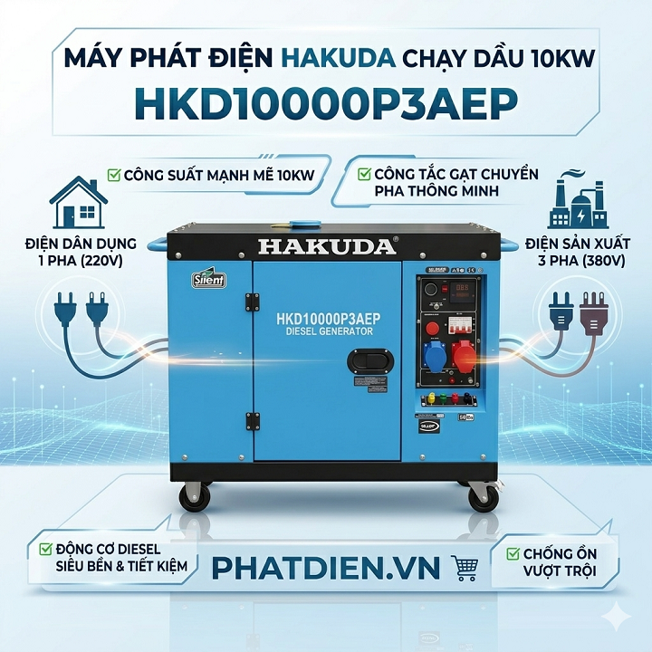 Hakuda HKD10000P3AEP: Máy Phát Điện 10KW Chạy Dầu 