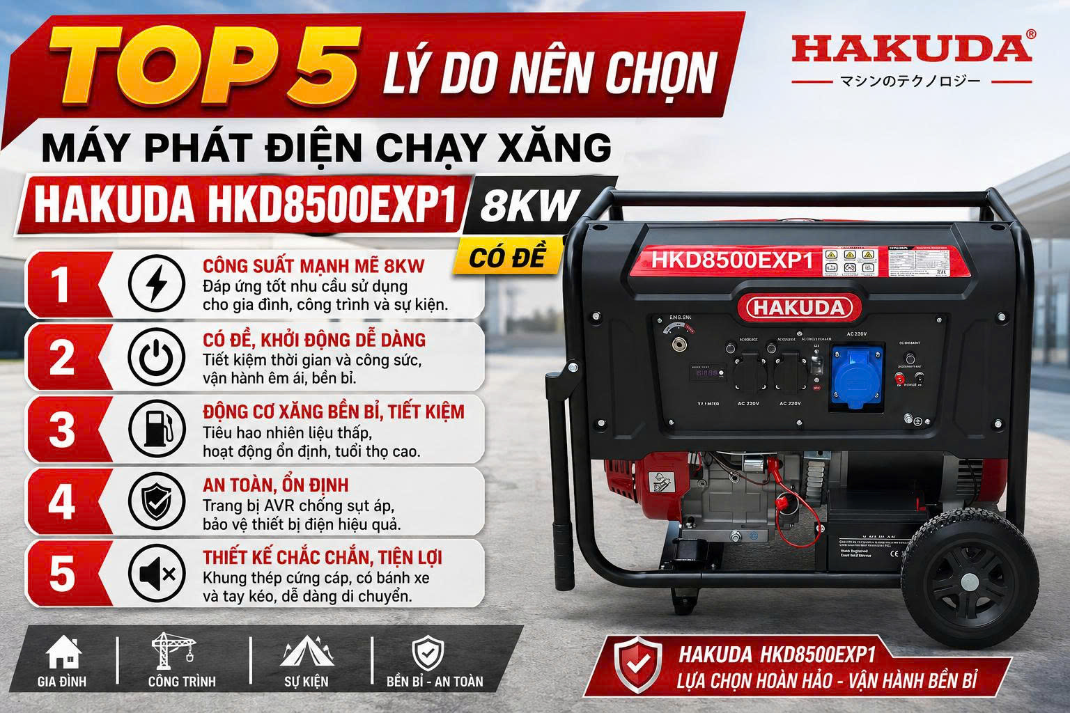 Top 5 Lý Do Nên Chọn Máy Phát Điện Chạy Xăng Hakuda HKD8500EXP1 8KW Có Đề