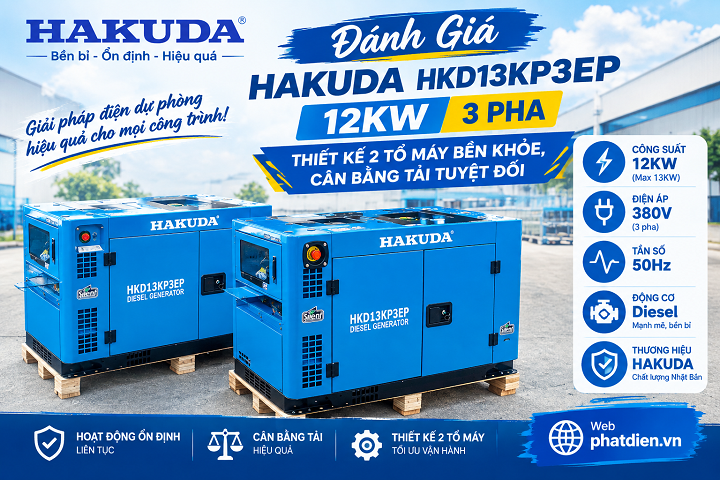 Đánh Giá Hakuda HKD13KP3EP 12KW 3 Pha: Thiết Kế 2 Tổ Máy Bền Khỏe, Cân Bằng Tải Tuyệt Đối