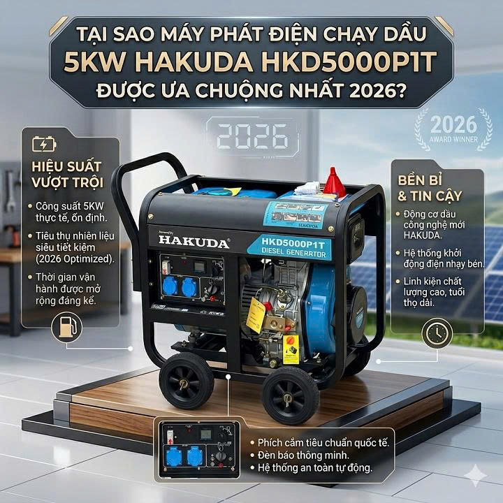 Tại Sao Máy Phát Điện Chạy Dầu 5KW Hakuda HKD5000P1T Được Ưa Chuộng Nhất 2026?